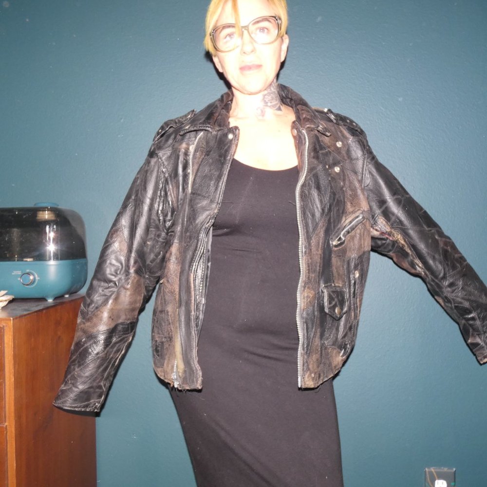 60s Buffalo leather Motorcycle Patchwork thrashed jacket mens M